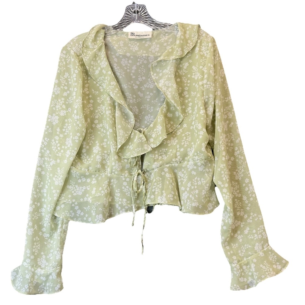 Y2K Romantic Ruffle Sheer Blouse Sage Green Top Tie Front Boho Cottagecore Sz L